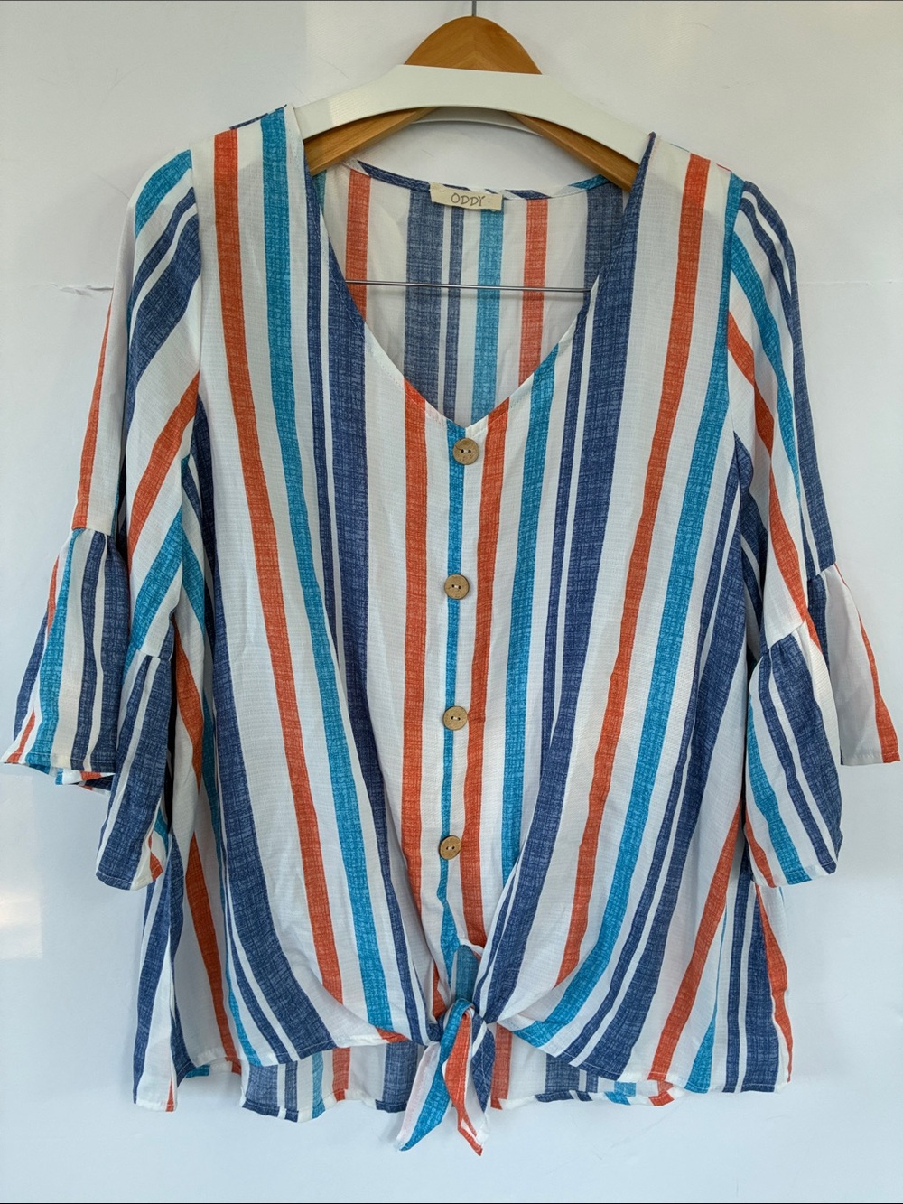 ODDY Striped Tie-Front Faux Button Blouse Large